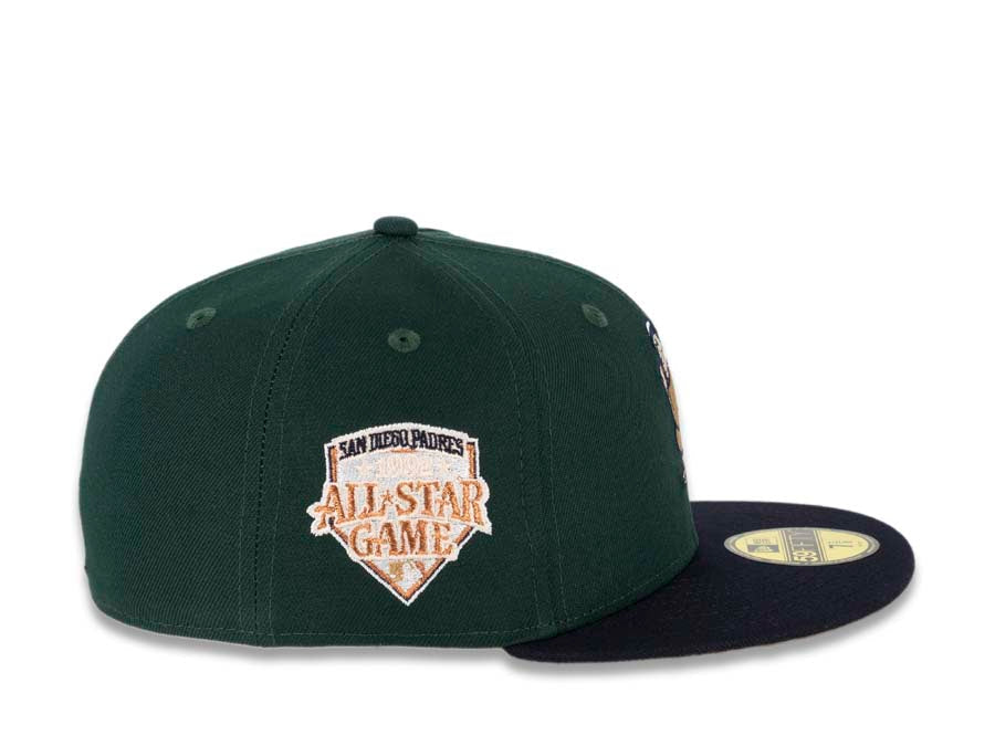San Diego Padres New Era MLB 59FIFTY 5950 Fitted Cap Hat Dark Green Crown Dark Navy Visor Metallic Copper/Tawny "Batting Friar" Cooperstown Retro Logo 1992 All-Star Game Side Patch Tawny UV