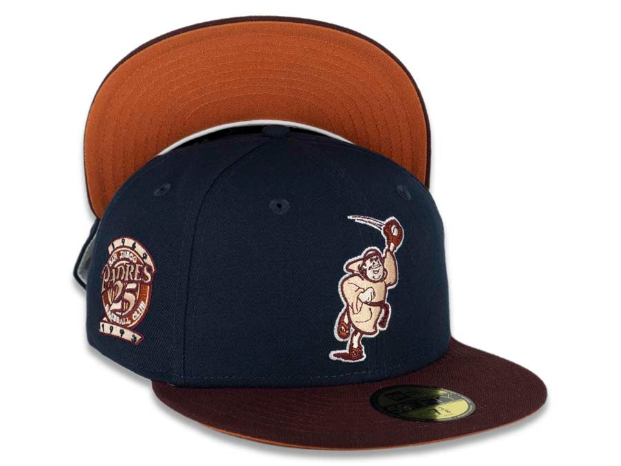 San Diego Padres New Era MLB 59FIFTY 5950 Fitted Cap Hat Ocean Blue Crown Maroon Visor Peach/Fall Orange “Catching Friar” Retro Logo 25th Anniversary Side Patch