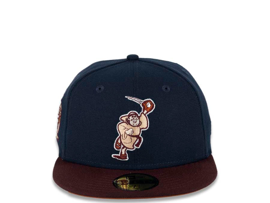 San Diego Padres New Era MLB 59FIFTY 5950 Fitted Cap Hat Ocean Blue Crown Maroon Visor Peach/Fall Orange “Catching Friar” Retro Logo 25th Anniversary Side Patch