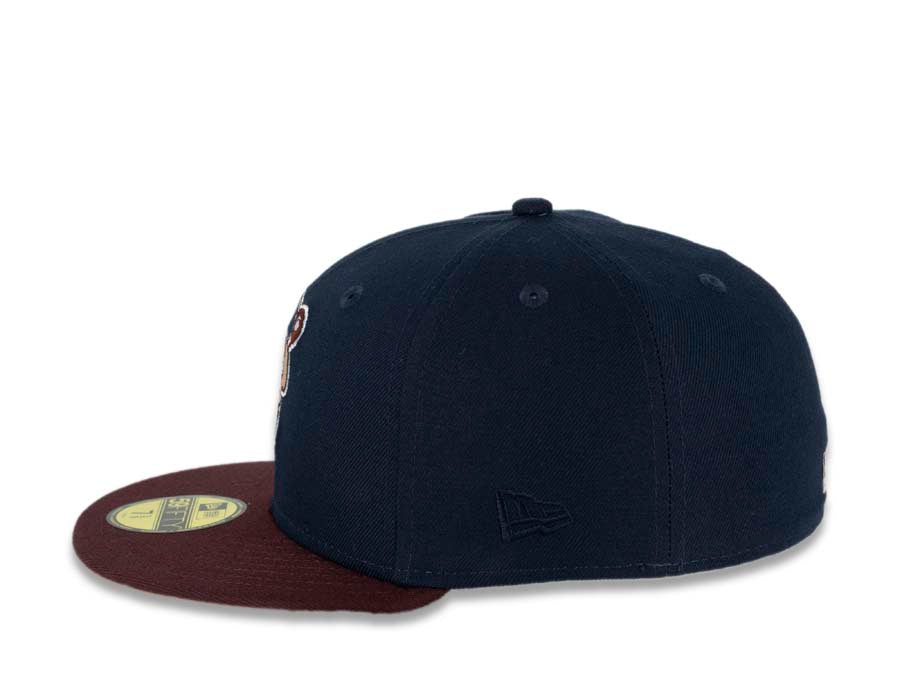 San Diego Padres New Era MLB 59FIFTY 5950 Fitted Cap Hat Ocean Blue Crown Maroon Visor Peach/Fall Orange “Catching Friar” Retro Logo 25th Anniversary Side Patch