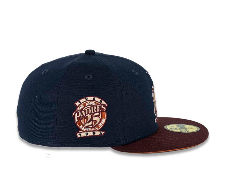 San Diego Padres New Era MLB 59FIFTY 5950 Fitted Cap Hat Ocean Blue Crown Maroon Visor Peach/Fall Orange “Catching Friar” Retro Logo 25th Anniversary Side Patch
