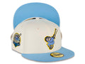 San Diego Padres New Era MLB 59FIFTY 5950 Fitted Cap Hat Cream Crown  Sky Blue Visor Blue/Yellow "Swinging Friar” Logo 40th Anniversary Side Patch