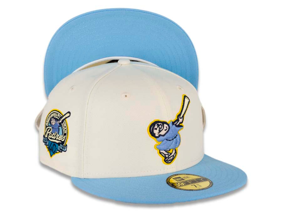 San Diego Padres New Era MLB 59FIFTY 5950 Fitted Cap Hat Cream Crown  Sky Blue Visor Blue/Yellow "Swinging Friar” Logo 40th Anniversary Side Patch