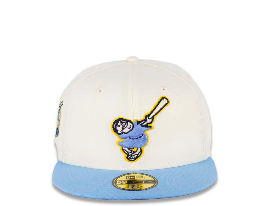 San Diego Padres New Era MLB 59FIFTY 5950 Fitted Cap Hat Cream Crown  Sky Blue Visor Blue/Yellow "Swinging Friar” Logo 40th Anniversary Side Patch