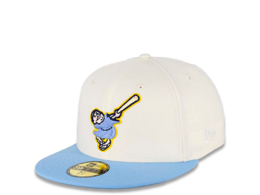 San Diego Padres New Era MLB 59FIFTY 5950 Fitted Cap Hat Cream Crown  Sky Blue Visor Blue/Yellow "Swinging Friar” Logo 40th Anniversary Side Patch