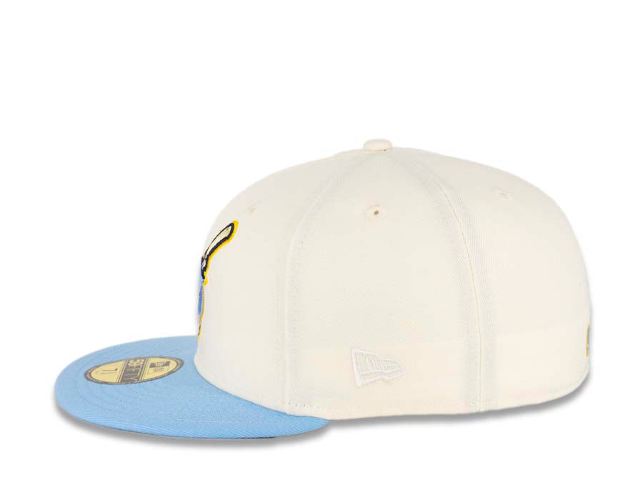 San Diego Padres New Era MLB 59FIFTY 5950 Fitted Cap Hat Cream Crown  Sky Blue Visor Blue/Yellow "Swinging Friar” Logo 40th Anniversary Side Patch