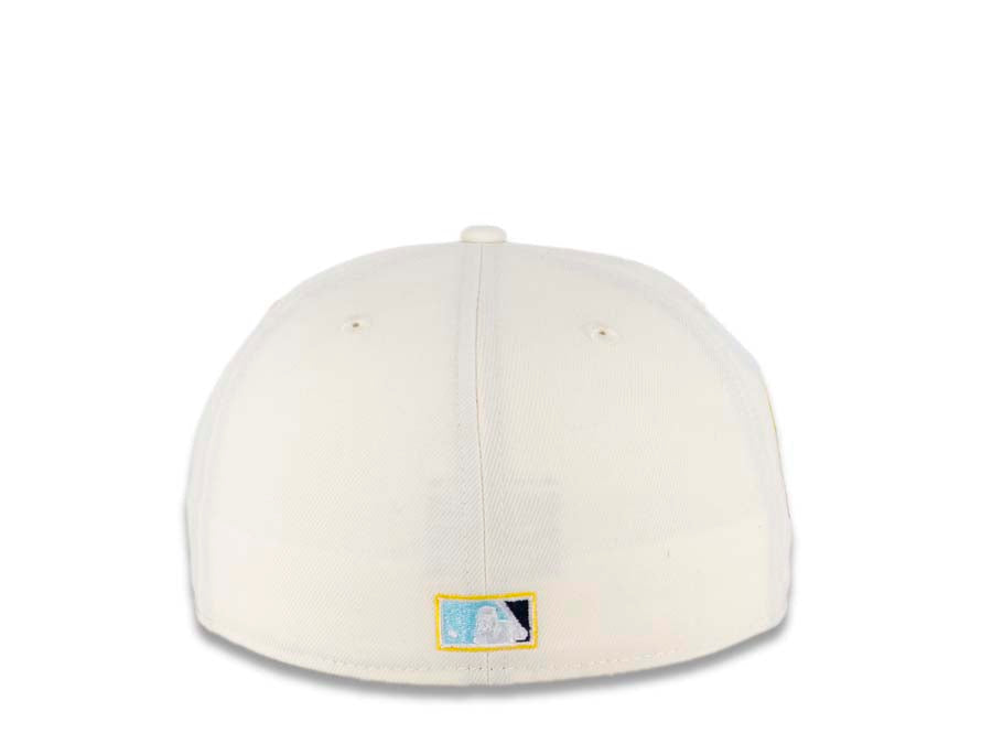 San Diego Padres New Era MLB 59FIFTY 5950 Fitted Cap Hat Cream Crown  Sky Blue Visor Blue/Yellow "Swinging Friar” Logo 40th Anniversary Side Patch