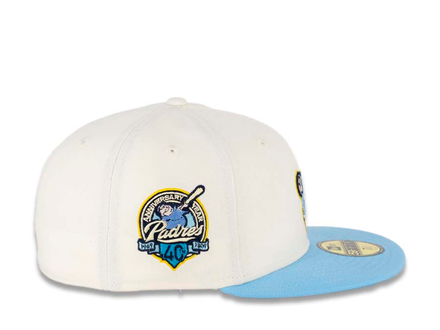 San Diego Padres New Era MLB 59FIFTY 5950 Fitted Cap Hat Cream Crown  Sky Blue Visor Blue/Yellow "Swinging Friar” Logo 40th Anniversary Side Patch