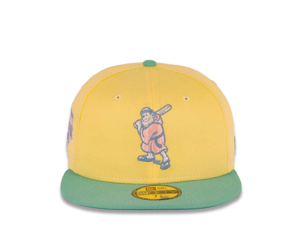 San Diego Padres New Era MLB 59FIFTY 5950 Fitted Cap Hat Light Yellow Crown Light Teal Visor Pink/Sky Batting Friar Logo 1992 All-Star Game Side Patch