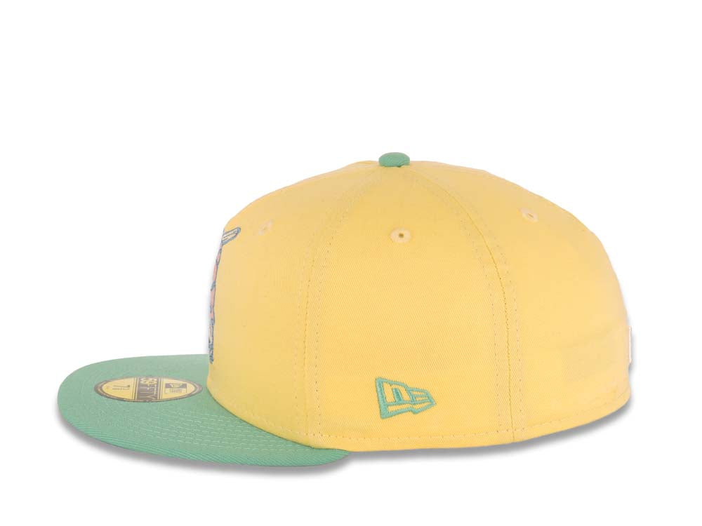San Diego Padres New Era MLB 59FIFTY 5950 Fitted Cap Hat Light Yellow Crown Light Teal Visor Pink/Sky Batting Friar Logo 1992 All-Star Game Side Patch