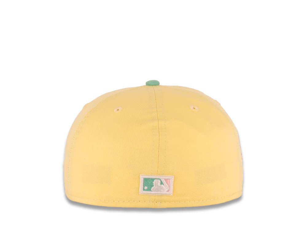 San Diego Padres New Era MLB 59FIFTY 5950 Fitted Cap Hat Light Yellow Crown Light Teal Visor Pink/Sky Batting Friar Logo 1992 All-Star Game Side Patch