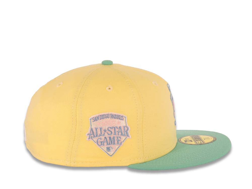 San Diego Padres New Era MLB 59FIFTY 5950 Fitted Cap Hat Light Yellow Crown Light Teal Visor Pink/Sky Batting Friar Logo 1992 All-Star Game Side Patch
