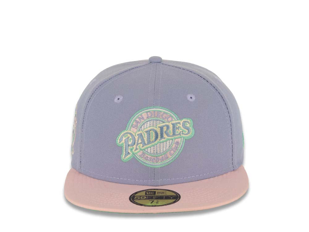 San Diego Padres New Era MLB 59FIFTY 5950 Fitted Cap Hat Lavender Crown Pink Visor Sky Blue/Pink Baseball Club Logo 25th Anniversary Side Patch