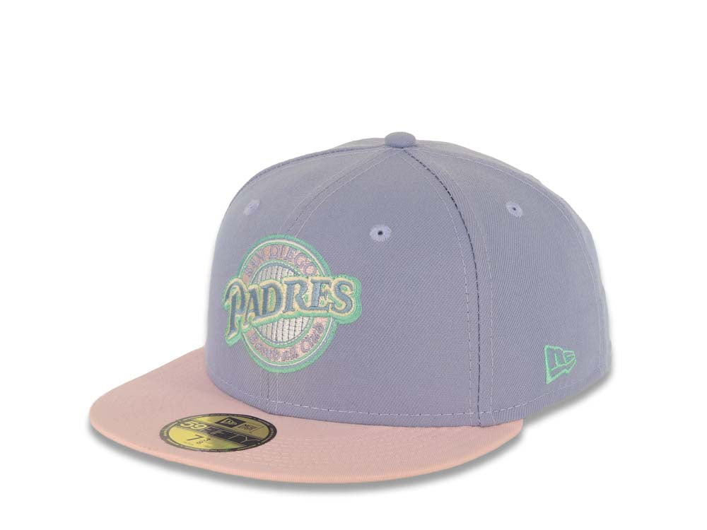 San Diego Padres New Era MLB 59FIFTY 5950 Fitted Cap Hat Lavender Crown Pink Visor Sky Blue/Pink Baseball Club Logo 25th Anniversary Side Patch