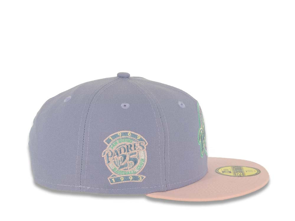San Diego Padres New Era MLB 59FIFTY 5950 Fitted Cap Hat Lavender Crown Pink Visor Sky Blue/Pink Baseball Club Logo 25th Anniversary Side Patch