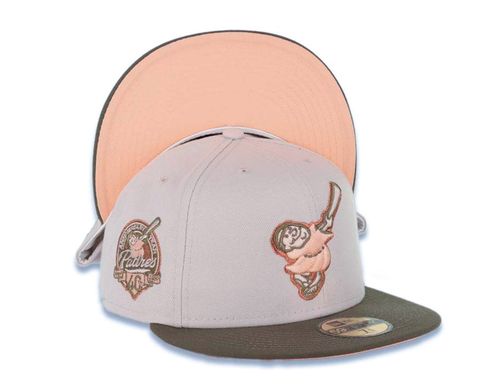 San Diego Padres New Era MLB 59FIFTY 5950 Fitted Cap Hat Stone Crown Olive Visor Peach/Metallic Copper Swinging Friar Logo 40th Anniversary Side Patch