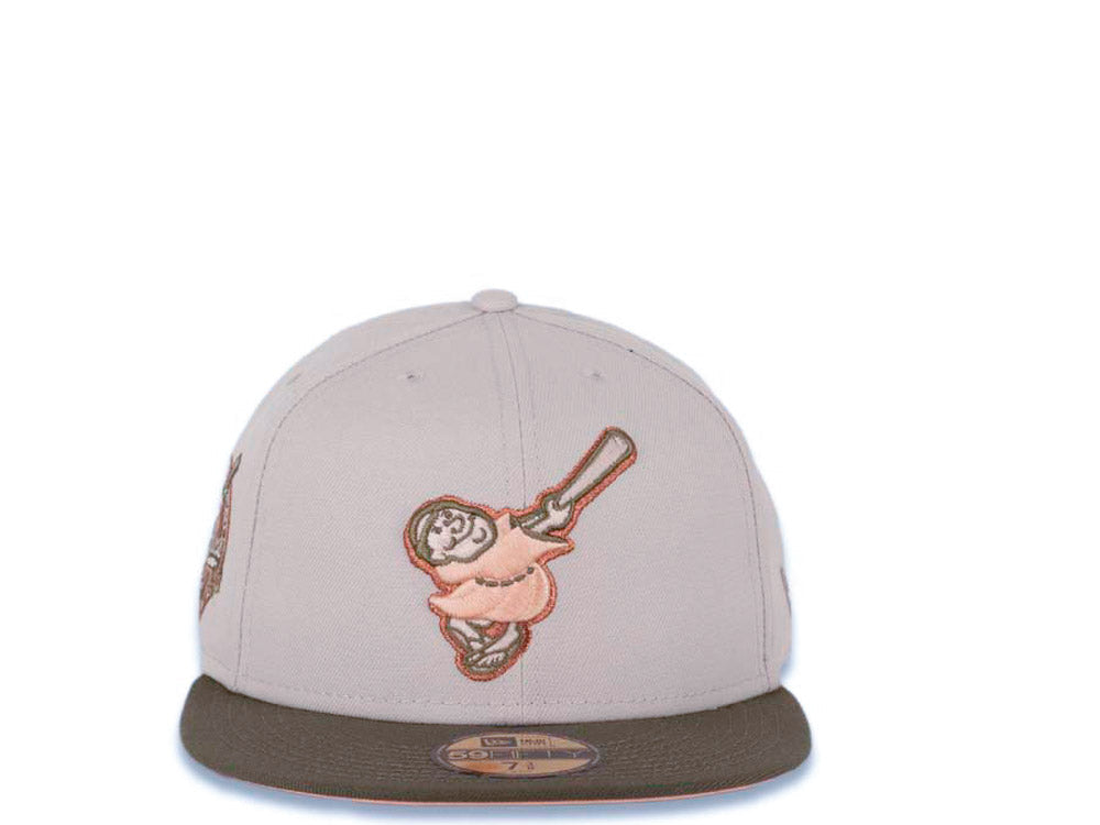 San Diego Padres New Era MLB 59FIFTY 5950 Fitted Cap Hat Stone Crown Olive Visor Peach/Metallic Copper Swinging Friar Logo 40th Anniversary Side Patch