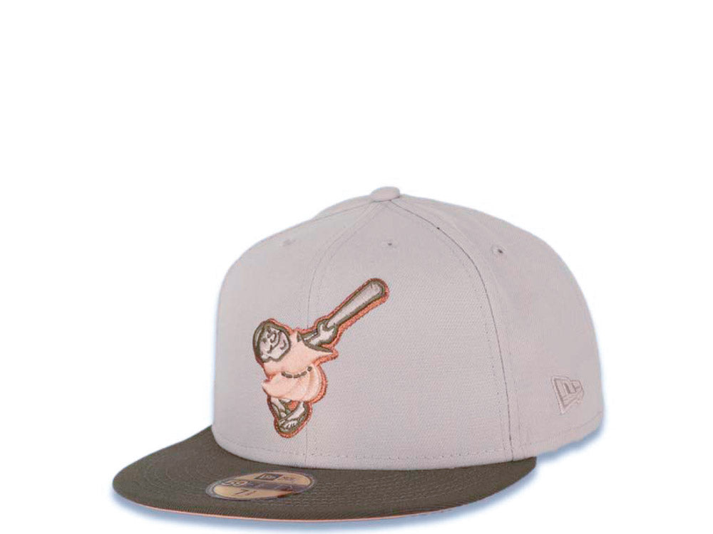 San Diego Padres New Era MLB 59FIFTY 5950 Fitted Cap Hat Stone Crown Olive Visor Peach/Metallic Copper Swinging Friar Logo 40th Anniversary Side Patch