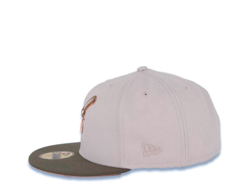 San Diego Padres New Era MLB 59FIFTY 5950 Fitted Cap Hat Stone Crown Olive Visor Peach/Metallic Copper Swinging Friar Logo 40th Anniversary Side Patch