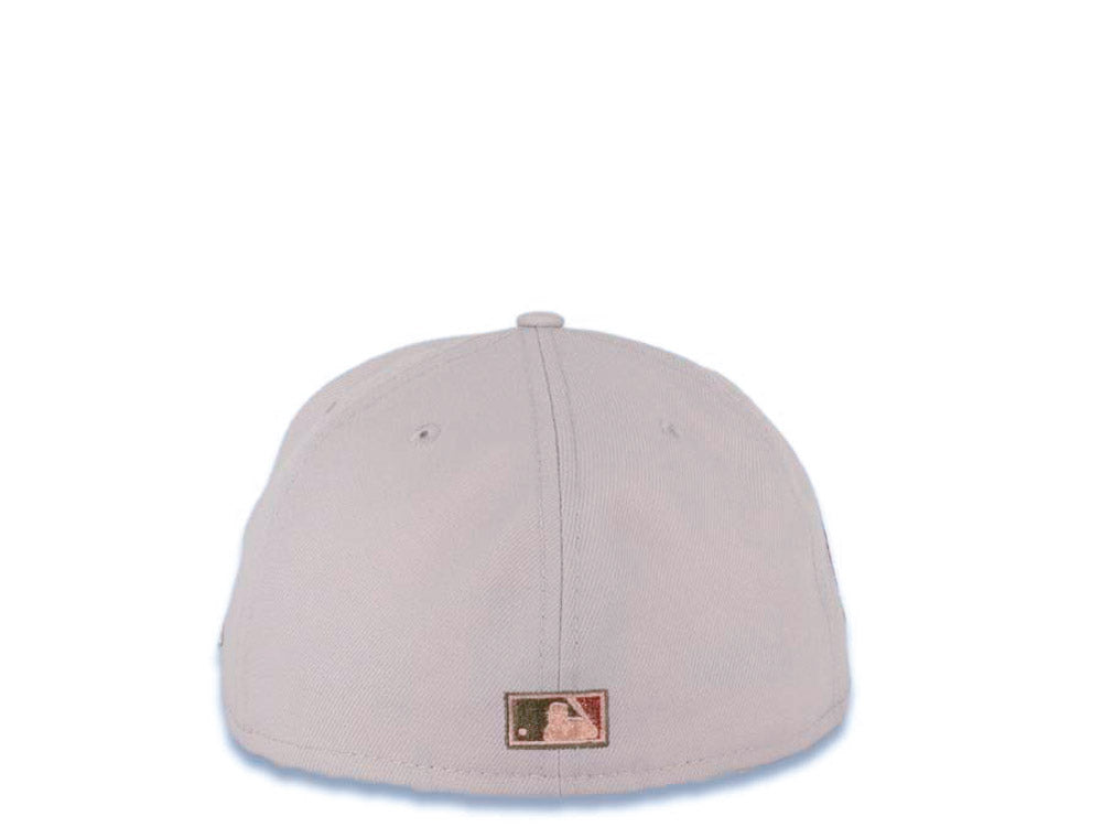 San Diego Padres New Era MLB 59FIFTY 5950 Fitted Cap Hat Stone Crown Olive Visor Peach/Metallic Copper Swinging Friar Logo 40th Anniversary Side Patch