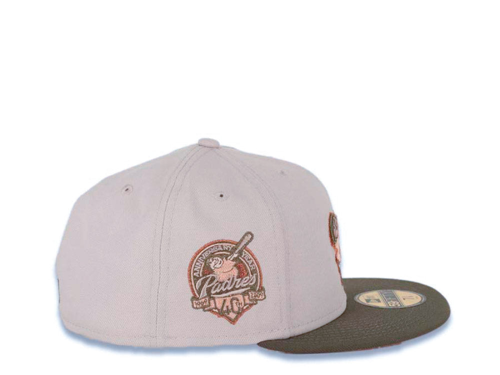 San Diego Padres New Era MLB 59FIFTY 5950 Fitted Cap Hat Stone Crown Olive Visor Peach/Metallic Copper Swinging Friar Logo 40th Anniversary Side Patch