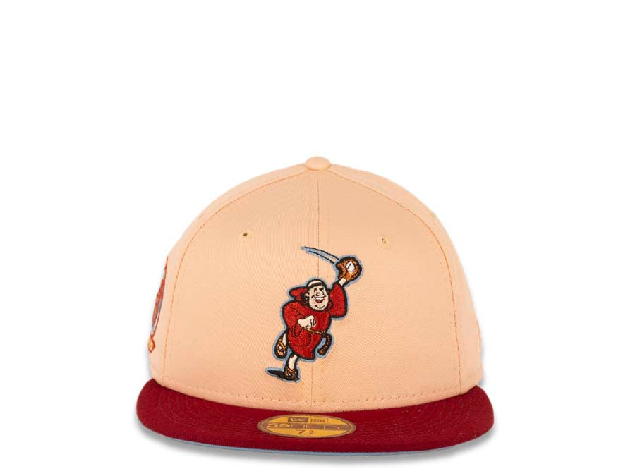 San Diego Padres New Era MLB 59FIFTY 5950 Fitted Cap Hat Peach Crown Carinal Visor Cardinal Copper Catching Friar Logo 25th Anniversary Side Patch