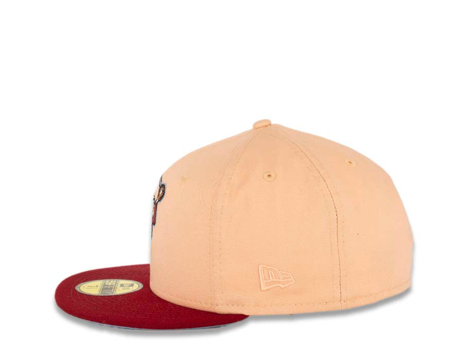 San Diego Padres New Era MLB 59FIFTY 5950 Fitted Cap Hat Peach Crown Carinal Visor Cardinal Copper Catching Friar Logo 25th Anniversary Side Patch