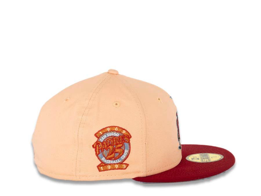 San Diego Padres New Era MLB 59FIFTY 5950 Fitted Cap Hat Peach Crown Carinal Visor Cardinal Copper Catching Friar Logo 25th Anniversary Side Patch
