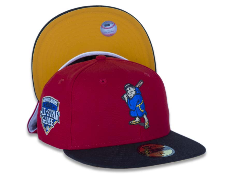 San Diego Padres New Era MLB 59FIFTY 5950 Fitted Cap Hat Red Crown Dark Brown Visor Blue/Brown/Yellow Batting Friar Logo 1992 All-Star Game Side Patch
