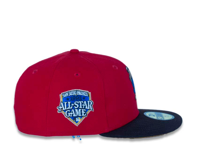 San Diego Padres New Era MLB 59FIFTY 5950 Fitted Cap Hat Red Crown Dark Brown Visor Blue/Brown/Yellow Batting Friar Logo 1992 All-Star Game Side Patch
