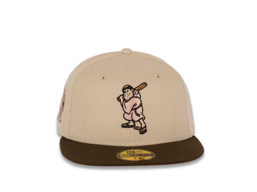 San Diego Padres New Era MLB 59FIFTY 5950 Fitted Cap Hat Stone Crown Brown Visor Pink/Brown Battling Friar Logo 25th Anniversary Side Patch Pink UV