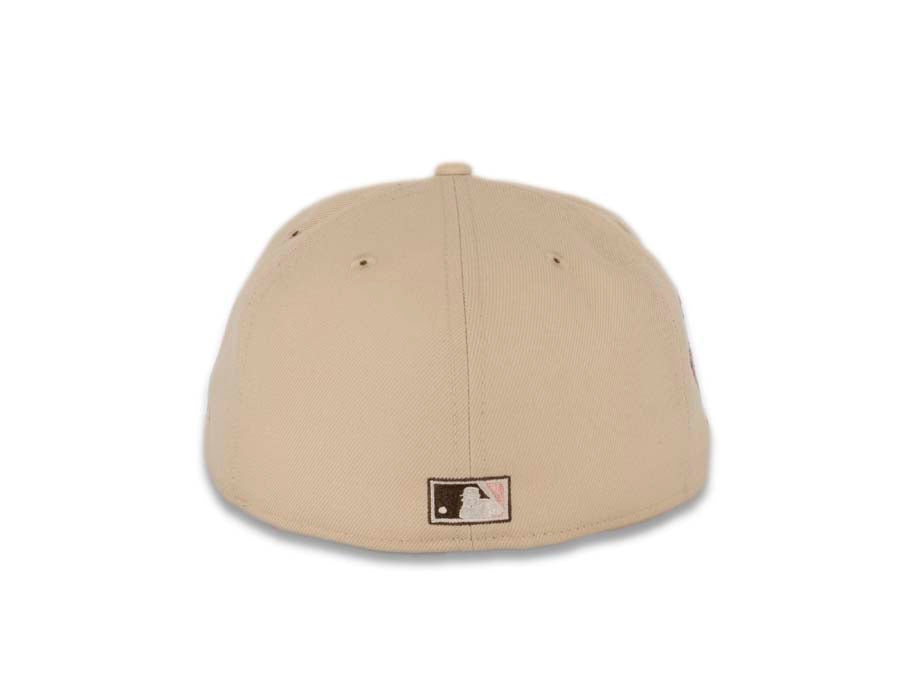San Diego Padres New Era MLB 59FIFTY 5950 Fitted Cap Hat Stone Crown Brown Visor Pink/Brown Battling Friar Logo 25th Anniversary Side Patch Pink UV