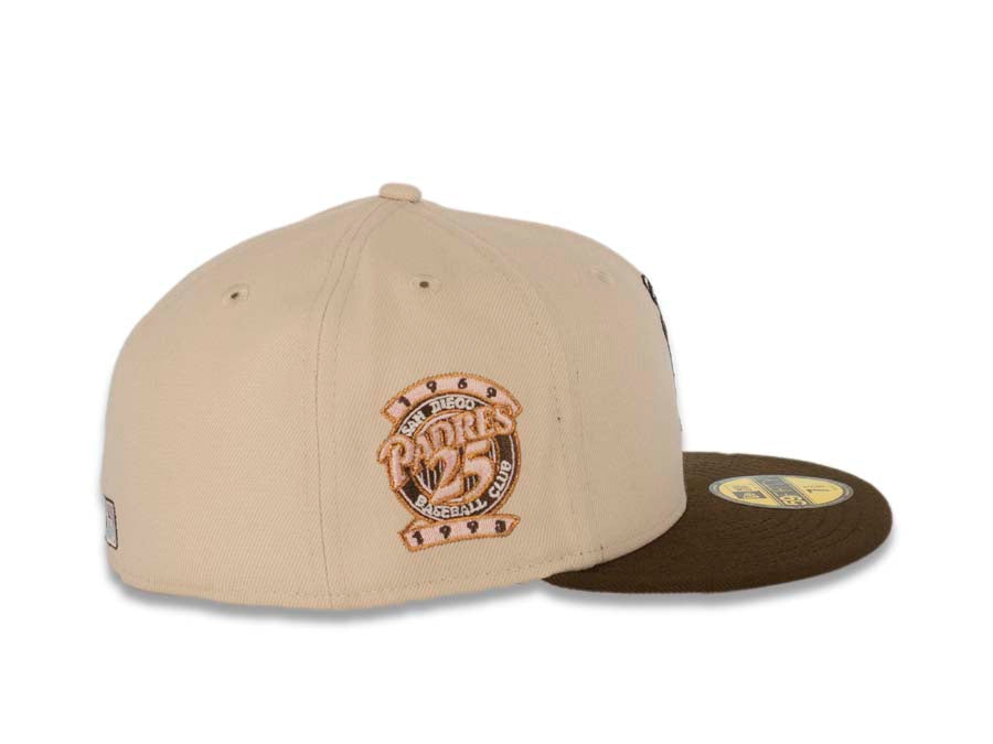 San Diego Padres New Era MLB 59FIFTY 5950 Fitted Cap Hat Stone Crown Brown Visor Pink/Brown Battling Friar Logo 25th Anniversary Side Patch Pink UV