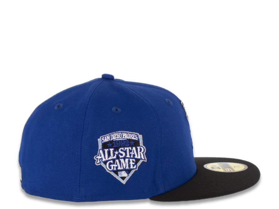 San Diego Padres New Era MLB 59FIFTY 5950 Fitted Cap Hat Royal Crown Black Visor Sky Blue/Peach Batting Friar Logo 1992 All-Star Game Side Patch