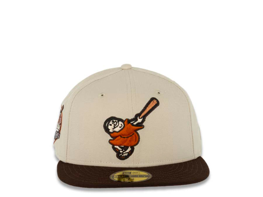 San Diego Padres New Era MLB 59FIFTY 5950 Fitted Cap Hat Stone Crown Dark Brown Visor Orange Swinging Friar Logo 40th Anniversary Side Patch Pink UV