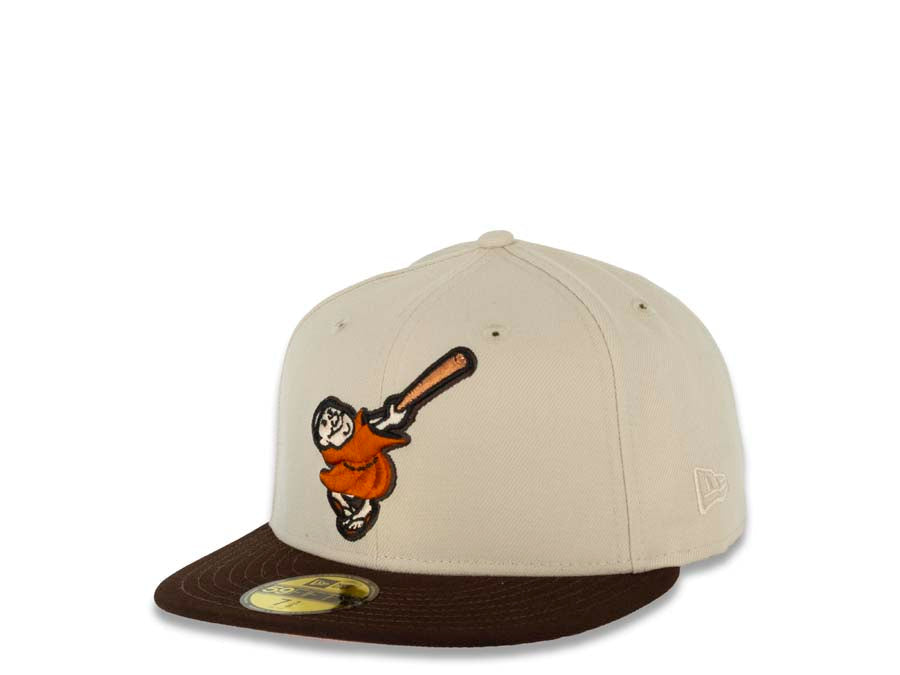 San Diego Padres New Era MLB 59FIFTY 5950 Fitted Cap Hat Stone Crown Dark Brown Visor Orange Swinging Friar Logo 40th Anniversary Side Patch Pink UV