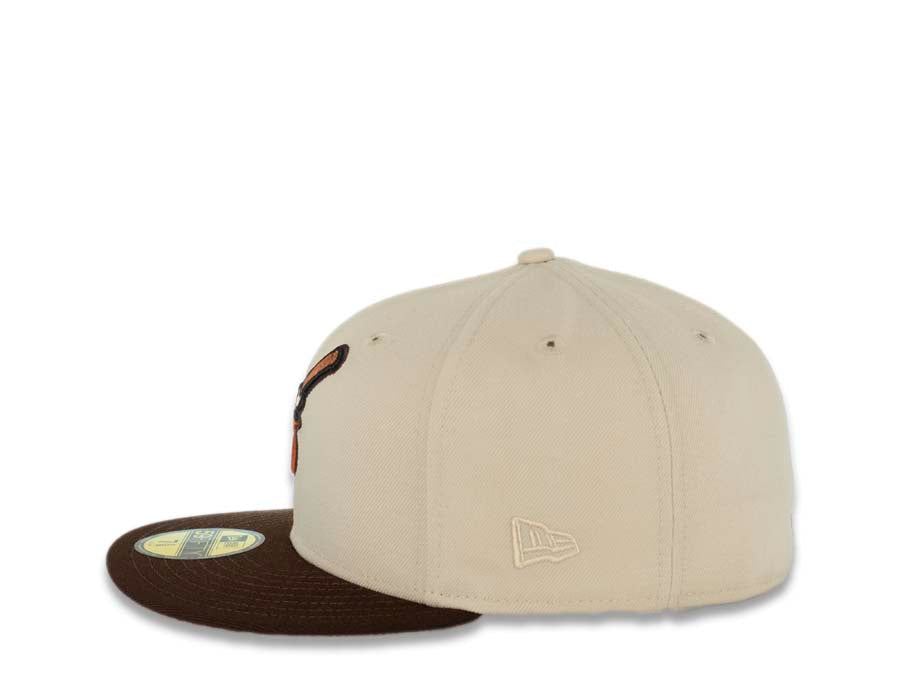 San Diego Padres New Era MLB 59FIFTY 5950 Fitted Cap Hat Stone Crown Dark Brown Visor Orange Swinging Friar Logo 40th Anniversary Side Patch Pink UV