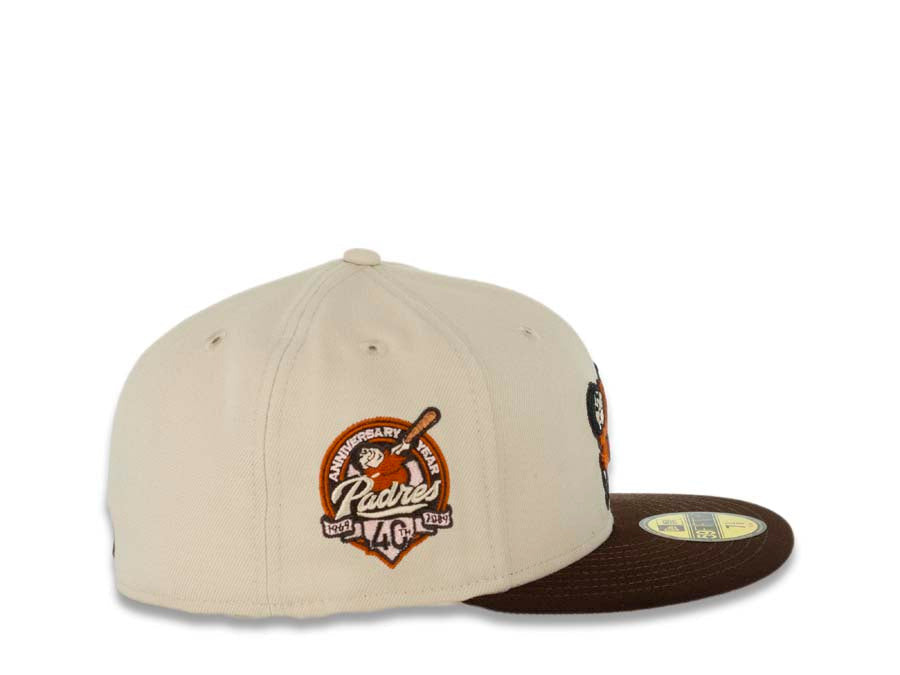 San Diego Padres New Era MLB 59FIFTY 5950 Fitted Cap Hat Stone Crown Dark Brown Visor Orange Swinging Friar Logo 40th Anniversary Side Patch Pink UV