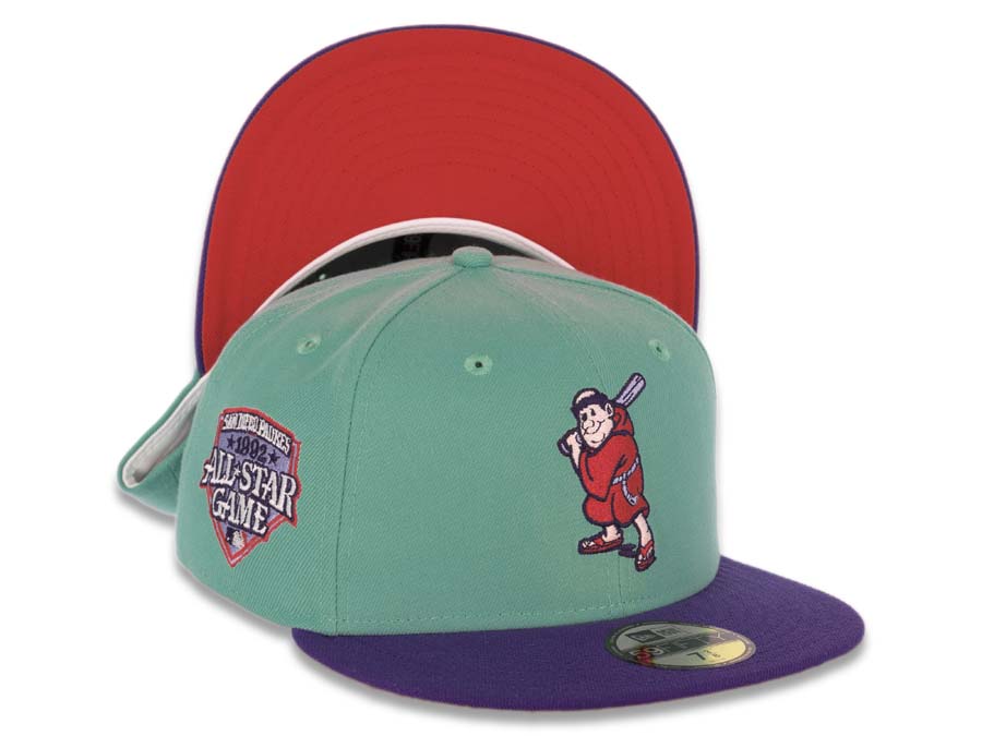 San Diego Padres New Era MLB 59FIFTY 5950 Fitted Cap Hat Clear Mint Green Crown Purple Visor Lava Red Batting Friar Logo 1992 All-Star Game Side Patch