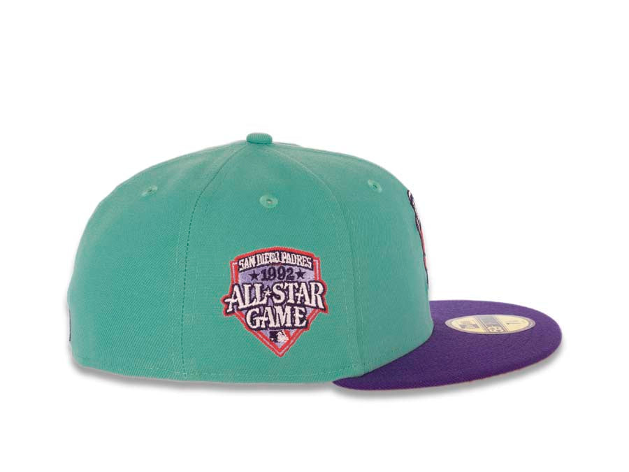 San Diego Padres New Era MLB 59FIFTY 5950 Fitted Cap Hat Clear Mint Green Crown Purple Visor Lava Red Batting Friar Logo 1992 All-Star Game Side Patch
