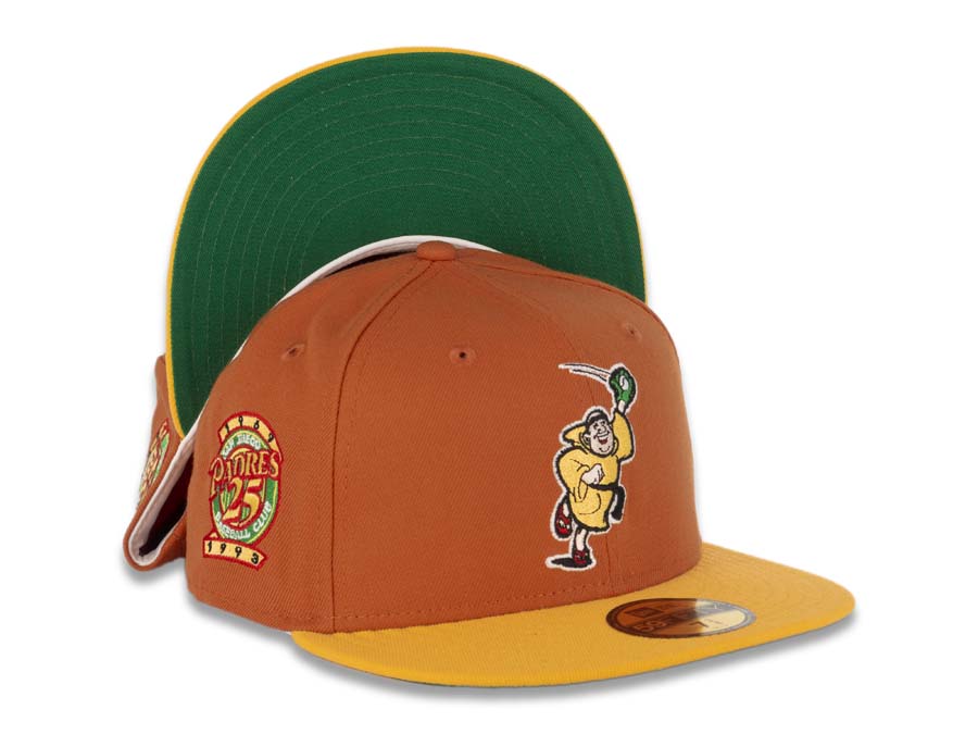 San Diego Padres New Era MLB 59FIFTY 5950 Fitted Cap Hat Orange Crown Yellow Visor Yellow/Green Catching Friar Logo 25th Anniversary Side Patch