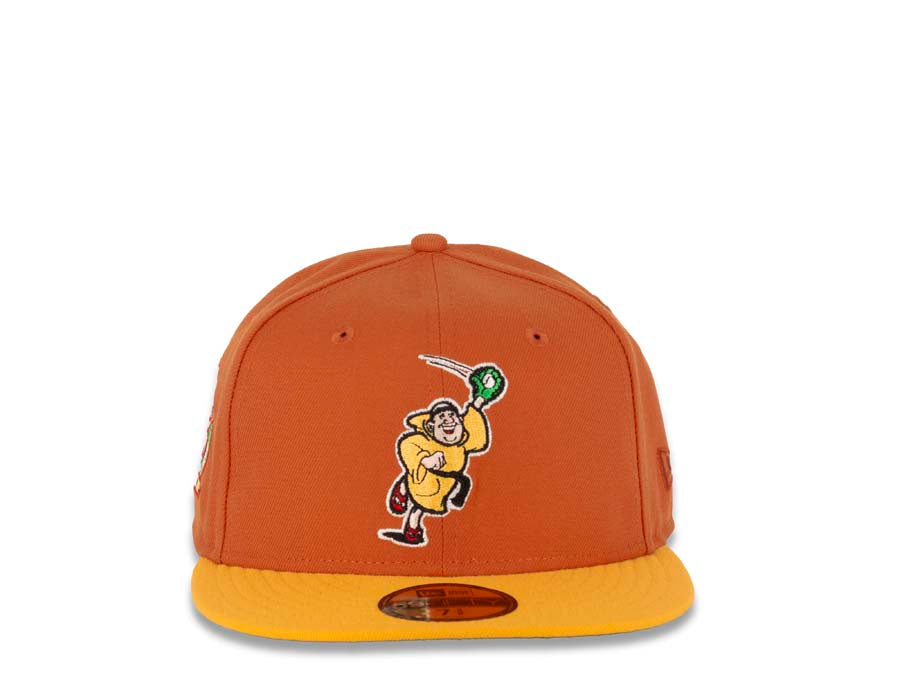 San Diego Padres New Era MLB 59FIFTY 5950 Fitted Cap Hat Orange Crown Yellow Visor Yellow/Green Catching Friar Logo 25th Anniversary Side Patch
