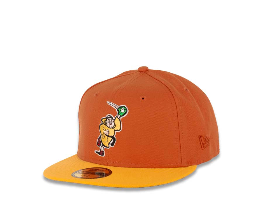 San Diego Padres New Era MLB 59FIFTY 5950 Fitted Cap Hat Orange Crown Yellow Visor Yellow/Green Catching Friar Logo 25th Anniversary Side Patch