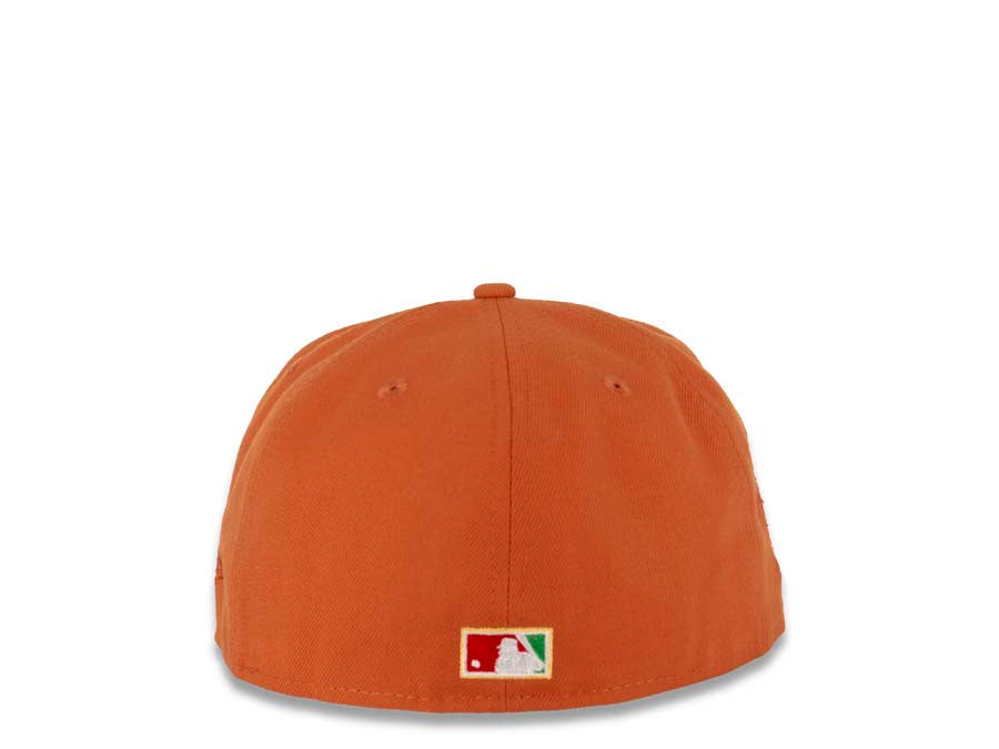San Diego Padres New Era MLB 59FIFTY 5950 Fitted Cap Hat Orange Crown Yellow Visor Yellow/Green Catching Friar Logo 25th Anniversary Side Patch