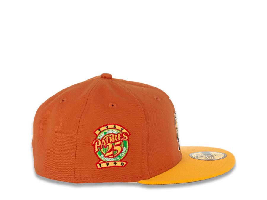 San Diego Padres New Era MLB 59FIFTY 5950 Fitted Cap Hat Orange Crown Yellow Visor Yellow/Green Catching Friar Logo 25th Anniversary Side Patch