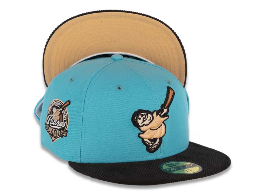 San Diego Padres New Era MLB 59FIFTY 5950 Fitted Cap Hat Blue Crown Black Corduroy Visor Peach Swinging Friar Logo 40th Anniversary Side Patch