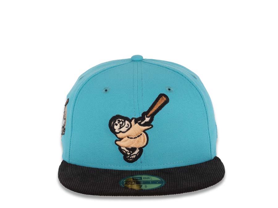 San Diego Padres New Era MLB 59FIFTY 5950 Fitted Cap Hat Blue Crown Black Corduroy Visor Peach Swinging Friar Logo 40th Anniversary Side Patch