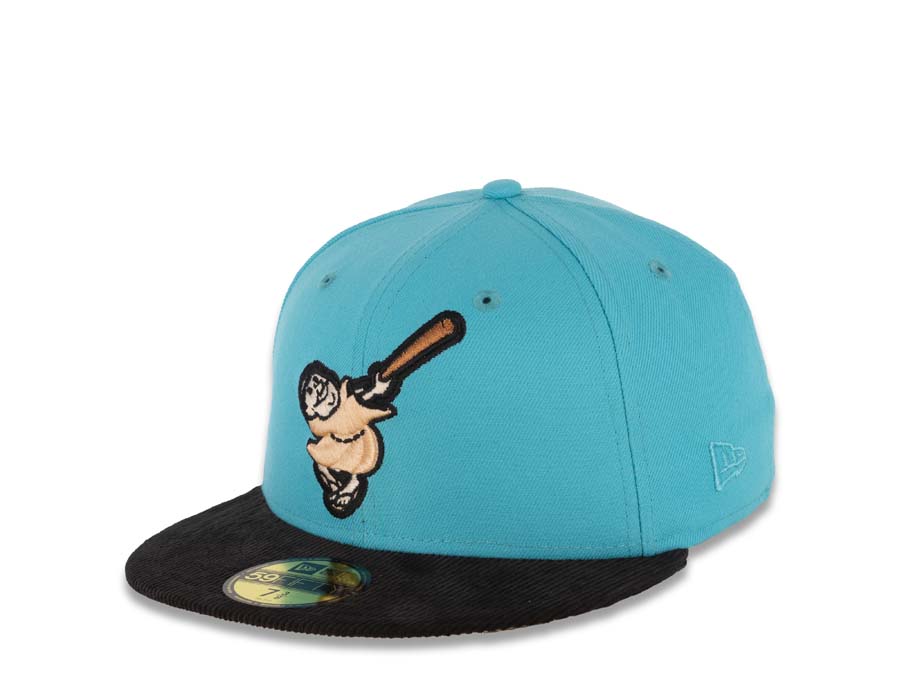 San Diego Padres New Era MLB 59FIFTY 5950 Fitted Cap Hat Blue Crown Black Corduroy Visor Peach Swinging Friar Logo 40th Anniversary Side Patch