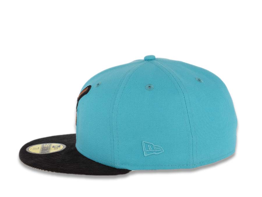 San Diego Padres New Era MLB 59FIFTY 5950 Fitted Cap Hat Blue Crown Black Corduroy Visor Peach Swinging Friar Logo 40th Anniversary Side Patch