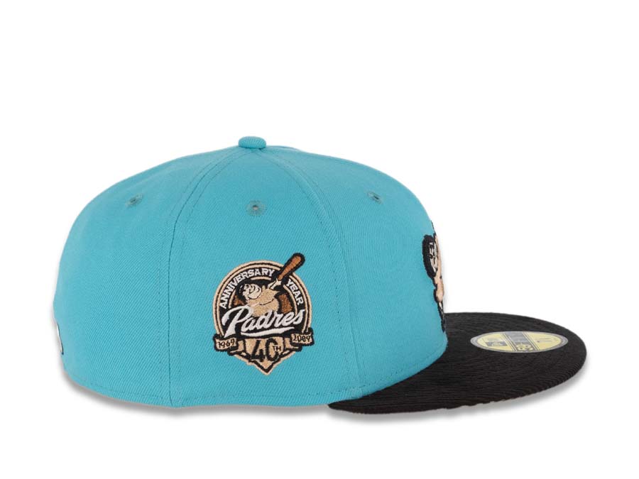 San Diego Padres New Era MLB 59FIFTY 5950 Fitted Cap Hat Blue Crown Black Corduroy Visor Peach Swinging Friar Logo 40th Anniversary Side Patch